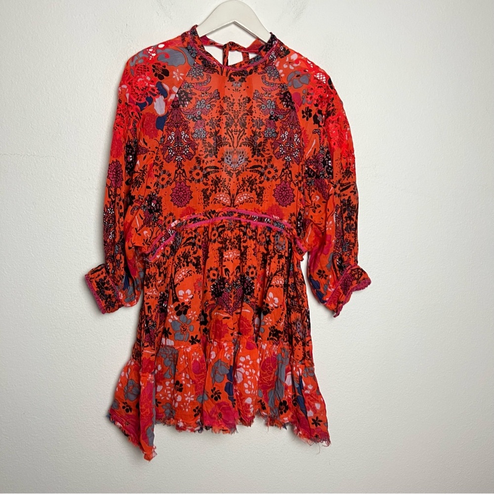 Free People Nouveau Floral Print High Neck Mini Dress Orange Red XS (No Slip) - Picture 4 of 13
